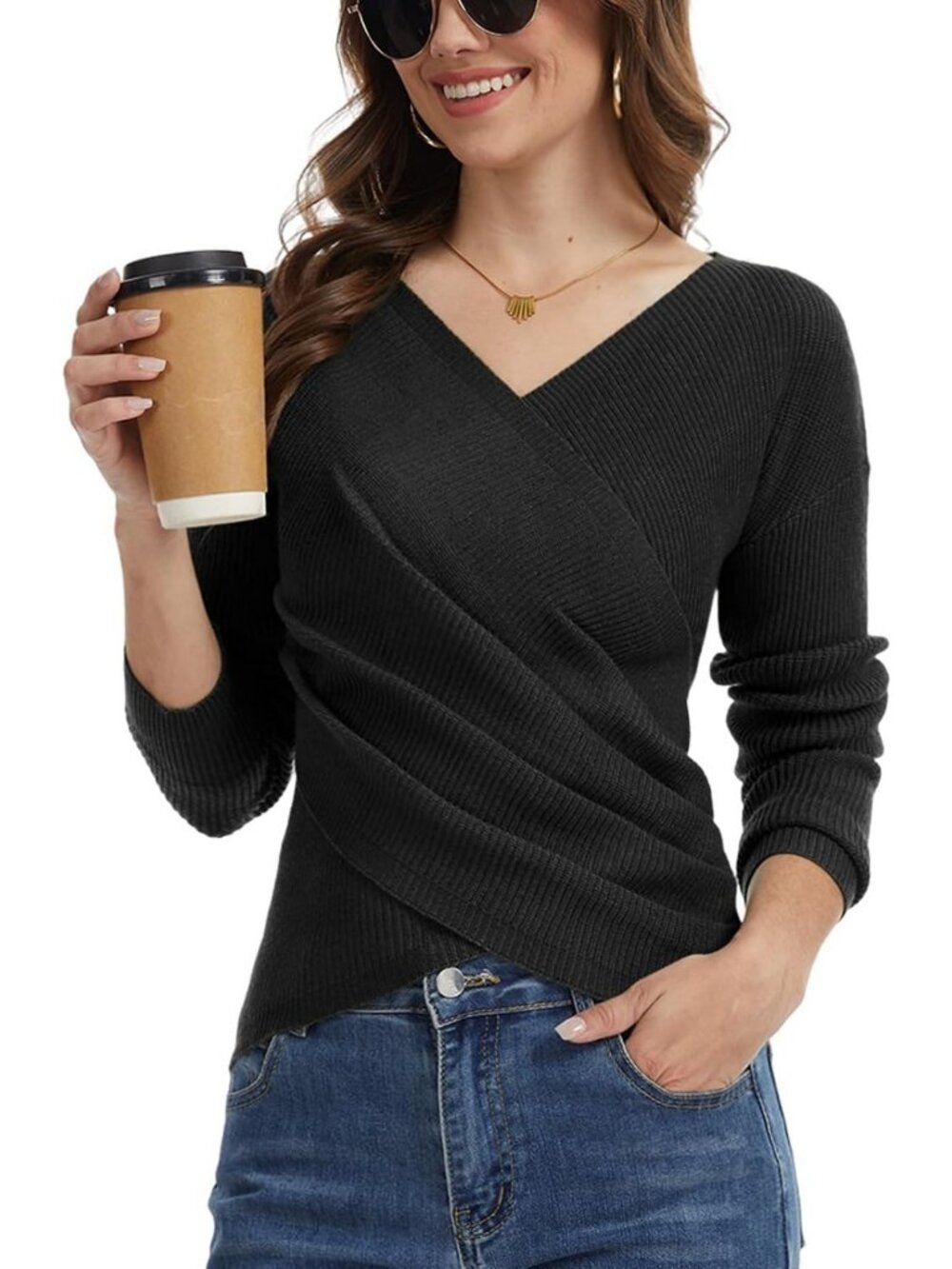 Elegant V Neck Wrap Sweater for Women, Long Sleeve Criss Cross Knit Pullover